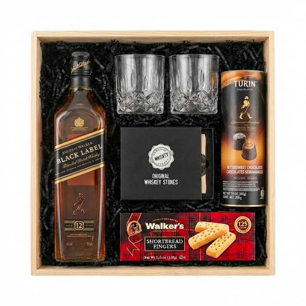 Johnnie Walker Black Label 12 Year Scotch Gift Crate featuring a 750ml bottle, two crystal cut whiskey glasses, Original Whiskey Stones set, Walker&