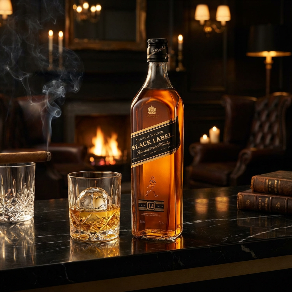 Johnnie Walker Black Label 12 Year Blended Scotch Whisky bottle with amber liquid and black diagonal label displayed in upscale bar setting, featuring crystal whisky glass with neat pour on dark surface with warm moody lighting.
