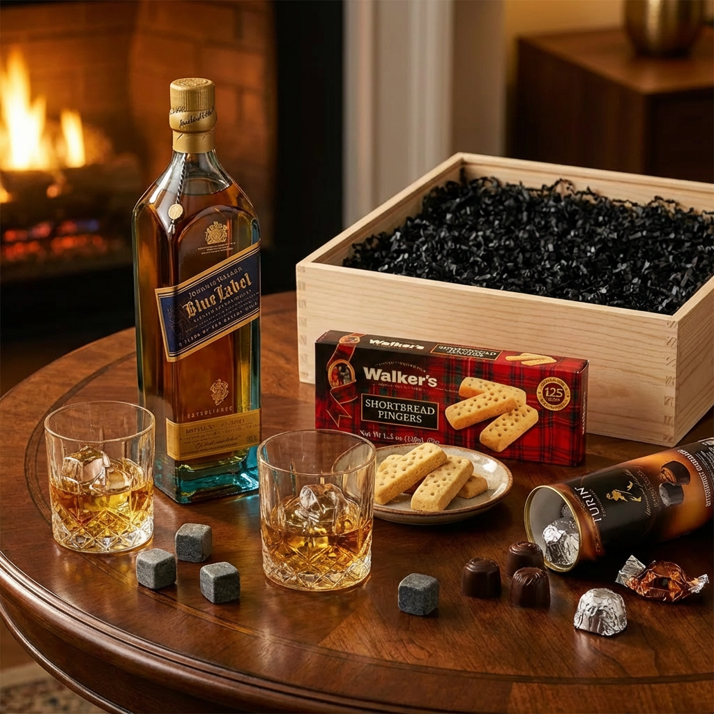Lifestyle scene of Johnnie Walker Blue Label Scotch gift set being enjoyed on an elegant dark wood table with crystal glasses filled with scotch, whiskey stones, Walker's Shortbread Fingers, and Turin chocolates, with the wooden gift crate in the background