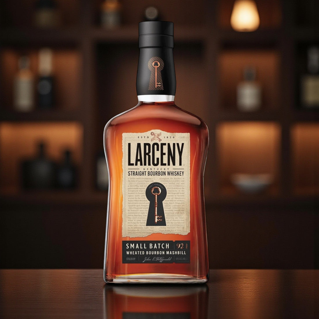 Larceny Small Batch Kentucky Straight Bourbon Whiskey bottle with warm bar ambiance – Rare Bourbon Shop lifestyle photo