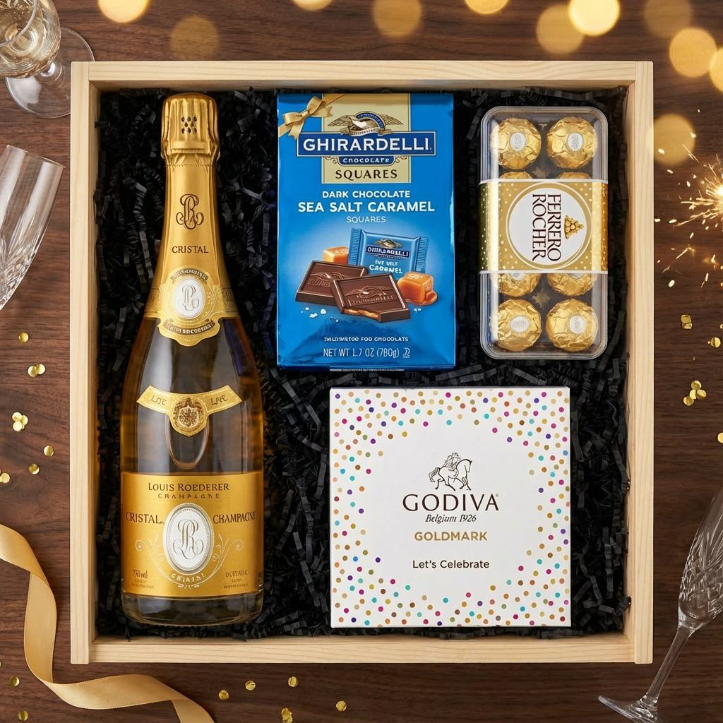 Louis Roederer Cristal Champagne gift crate with clear glass bottle and gold labels, Ghirardelli Dark Chocolate Sea Salt Caramel squares, Godiva Let&