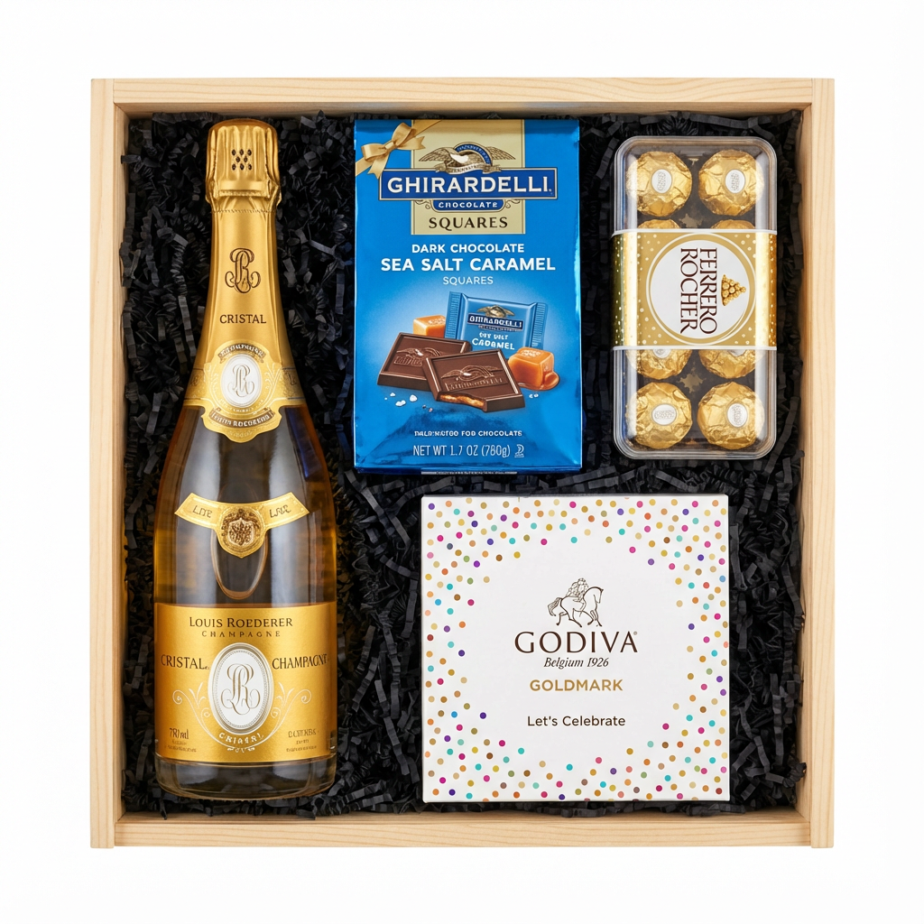 Louis Roederer Cristal Champagne gift crate with clear glass bottle and gold labels, Ghirardelli Dark Chocolate Sea Salt Caramel squares, Godiva Let&