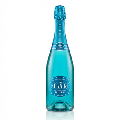 Luc Belaire Bleu Édition Limitée sparkling wine bottle with turquoise blue glass, textured blue foil neck, and ornate blue label against a clean white background