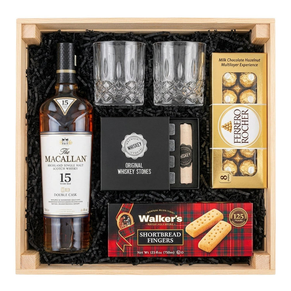 The Macallan 15 Year Old Double Cask Single Malt Scotch gift crate with crystal-cut old fashioned glasses, premium whiskey stones gift set, Ferrero Rocher chocolates, and Walker&