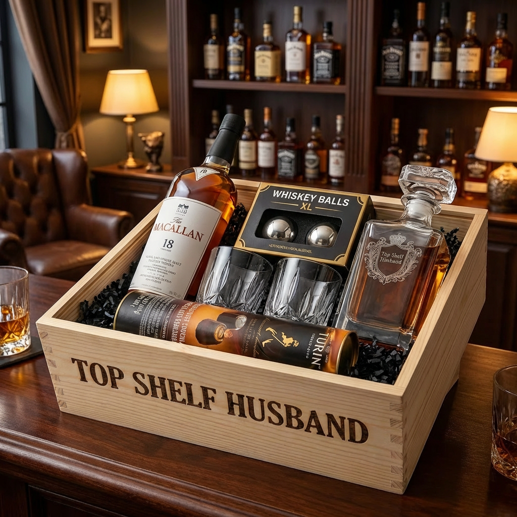 Top Shelf Husband open wooden gift crate featuring The Macallan 18 Year Old Double Cask 750ml, crystal decanter, two whisky glasses, stainless steel whiskey balls, and Turin chocolates displayed in an elegant home bar setting with warm ambient lighting.