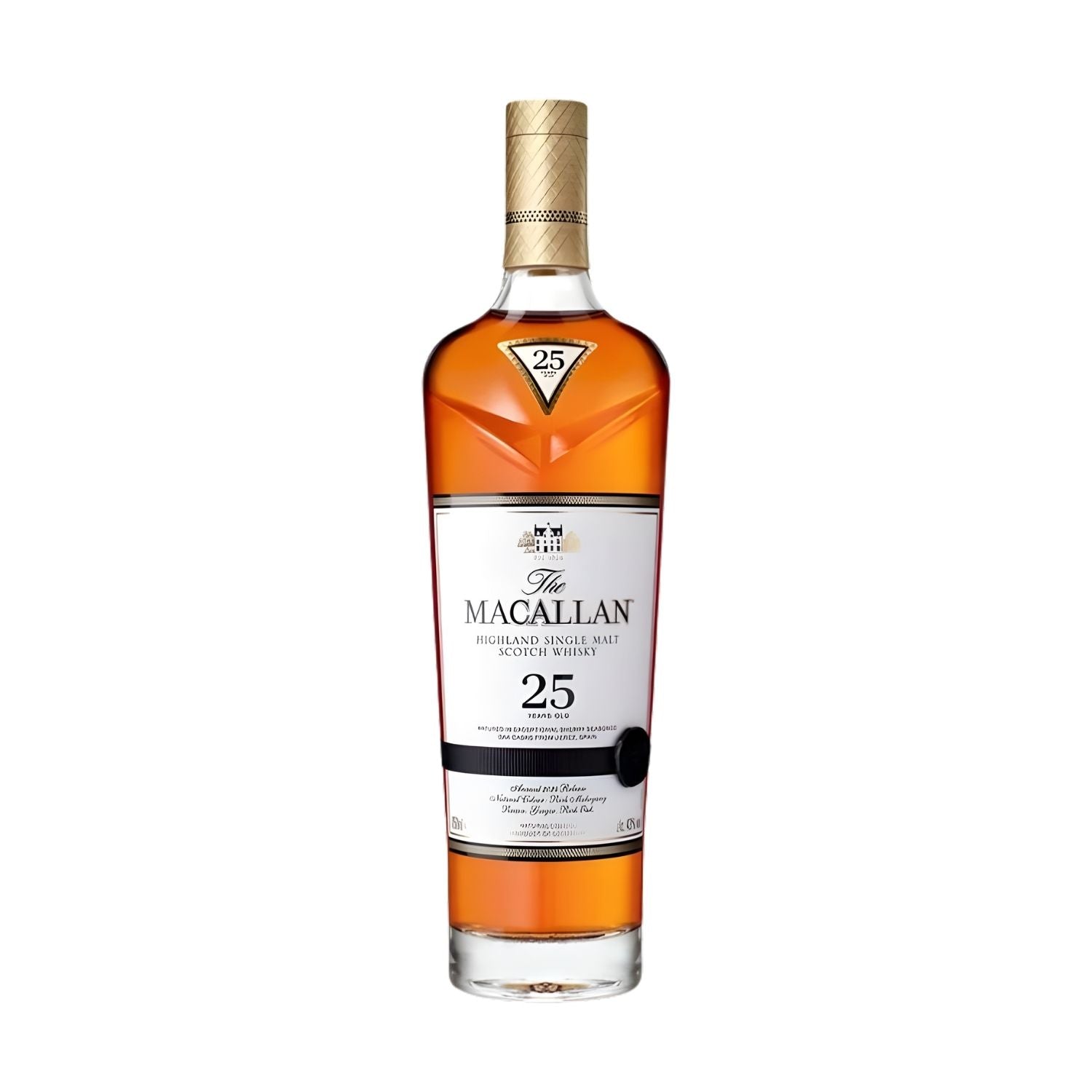 The Macallan 25 Year Scotch Whisky 750ml on white background – rare aged single malt for premium whisky enthusiasts
