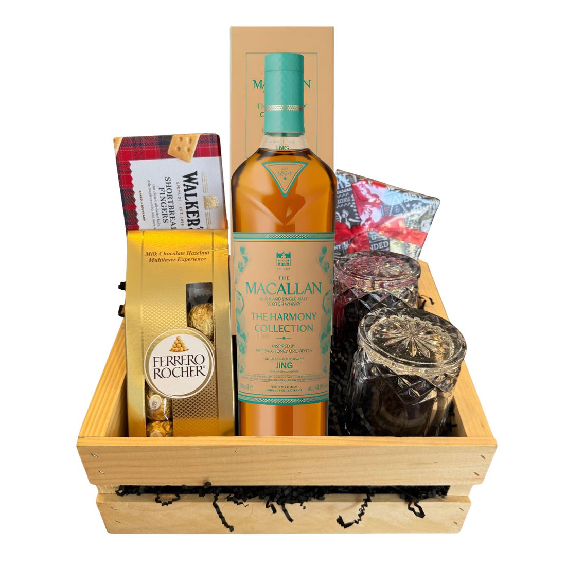 The Macallan Harmony Phoenix Honey Orchid Tea Single Malt Scotch Gift Crate with accessories and gourmet treats on white background – Top Bourbon
