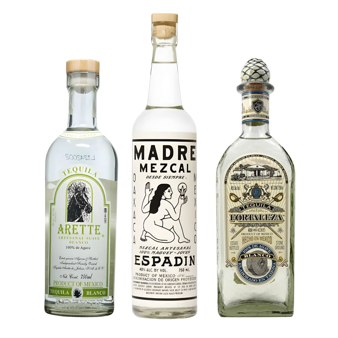 Madre Mezcal Espadín + Arette Artesanal Blanco + Fortaleza Blanco — Premium Agave Spirits Bundle (3 Bottles)