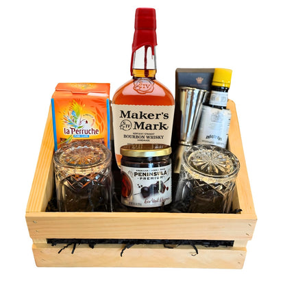 Maker’s Mark Old Fashioned Gift Crate with bourbon, bitters, cherries, sugar cubes, and bar tools – premium cocktail set from Rare Bourbon Shop