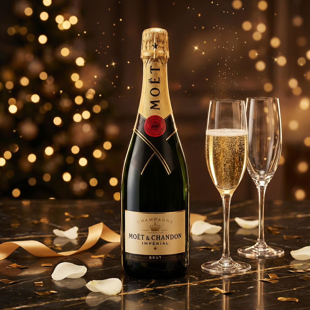 Moët &amp; Chandon Impérial Brut Champagne 750ml bottle with gold foil displayed on dark marble surface with crystal champagne flutes and warm golden bokeh lights in elegant celebratory setting