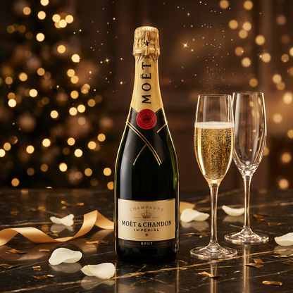 Moët &amp; Chandon Impérial Brut Champagne 750ml bottle with gold foil displayed on dark marble surface with crystal champagne flutes and warm golden bokeh lights in elegant celebratory setting