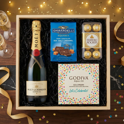 Moët &amp; Chandon Impérial Brut Champagne gift crate with gold foil neck and red wax seal, Ghirardelli Dark Chocolate Sea Salt Caramel squares, Godiva Let&