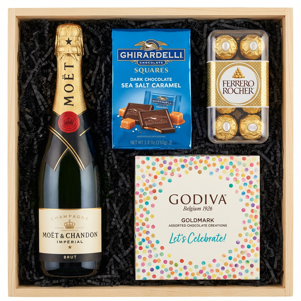 Moët &amp; Chandon Impérial Brut Champagne gift crate with gold foil neck and red wax seal, Ghirardelli Dark Chocolate Sea Salt Caramel squares, Godiva Let&