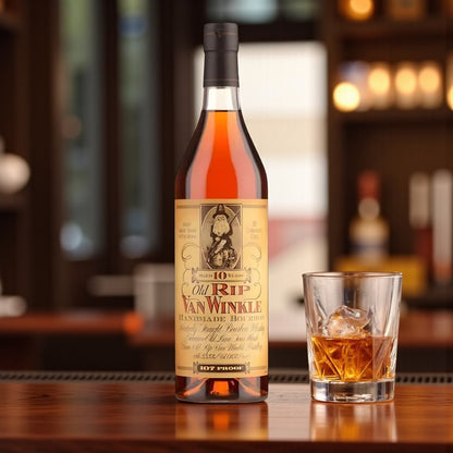 Collector’s Old Rip Van Winkle 10 Year Bourbon bottle on wooden bar beside glass of bourbon with ice and warm bar lighting – Rare Bourbon Shop lifestyle photo