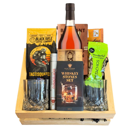 Old Rip Van Winkle 10 Year Top Shelf Gift Crate with bourbon, coffee, chocolate, pistachios, cigar, whiskey stones, journal, and glasses – rare collector’s edition from Rare Bourbon Shop