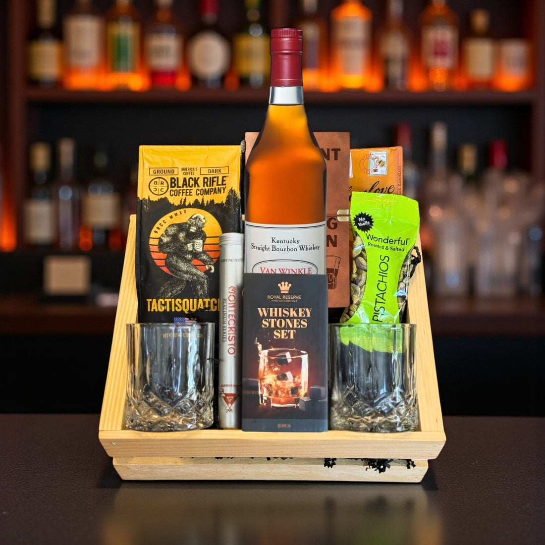 Pappy Van Winkle 12 Year Lot B Top Shelf Gift Crate featuring bourbon, glasses, journal, and cigar arranged in a handcrafted crate – exclusive luxury bourbon gift from Rare Bourbon Shop