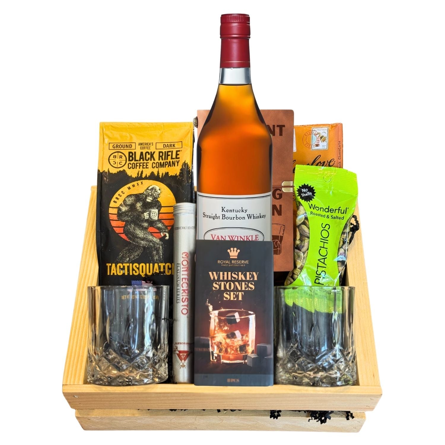 Pappy Van Winkle 12 Year Lot B Top Shelf Gift Crate on white background – aged bourbon with glasses, journal, and cigar in a handcrafted crate – available at Rare Bourbon Shop