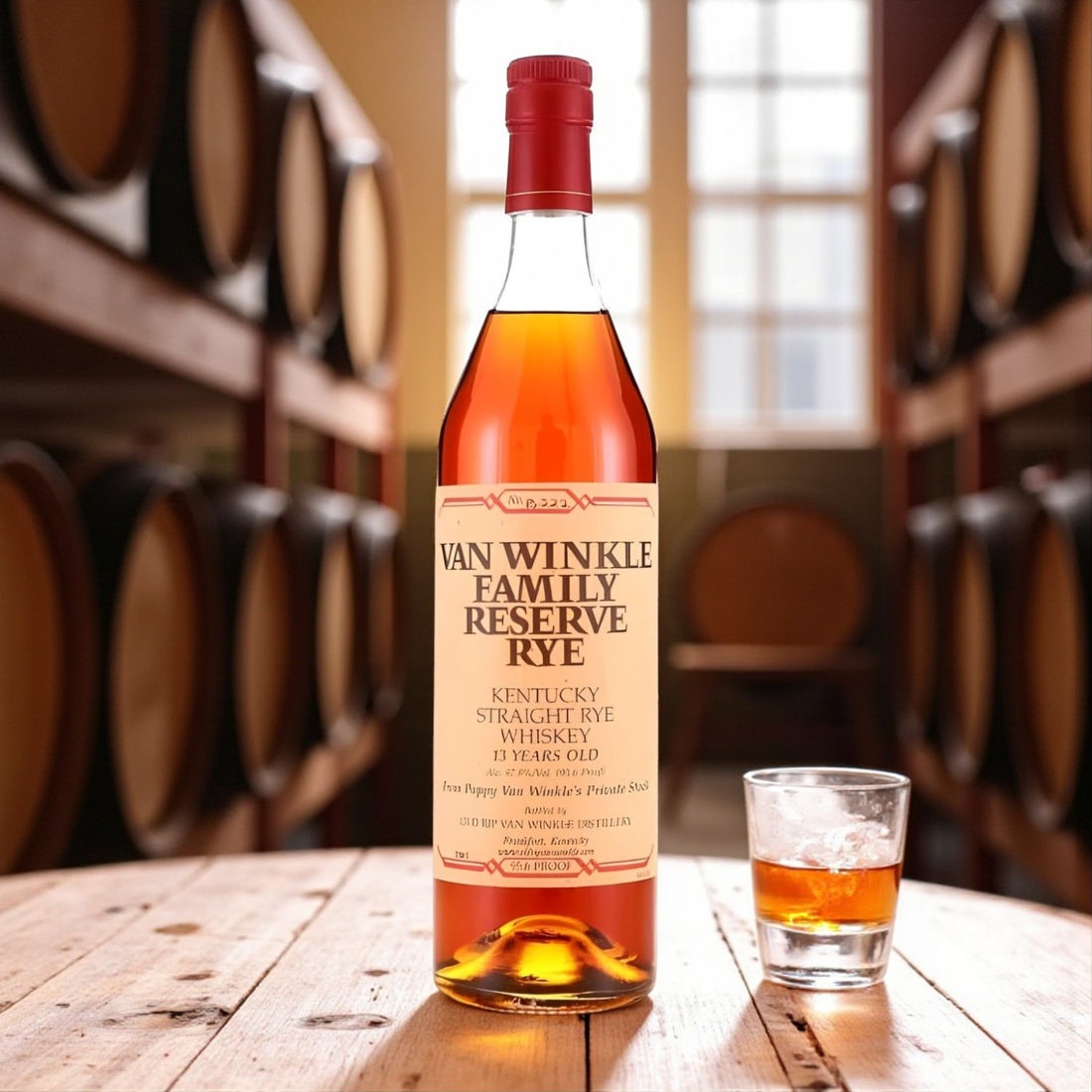 Collector’s Pappy Van Winkle Family Reserve 13 Year Straight Rye Whiskey bottle on rustic wooden table beside glass of rye with bourbon barrels in background – Rare Bourbon Shop lifestyle photo