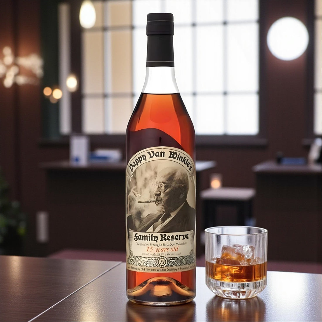 Collector’s Pappy Van Winkle Family Reserve 15 Year Bourbon bottle on polished bar beside glass of bourbon with ice and warm bar lighting – Rare Bourbon Shop lifestyle photo