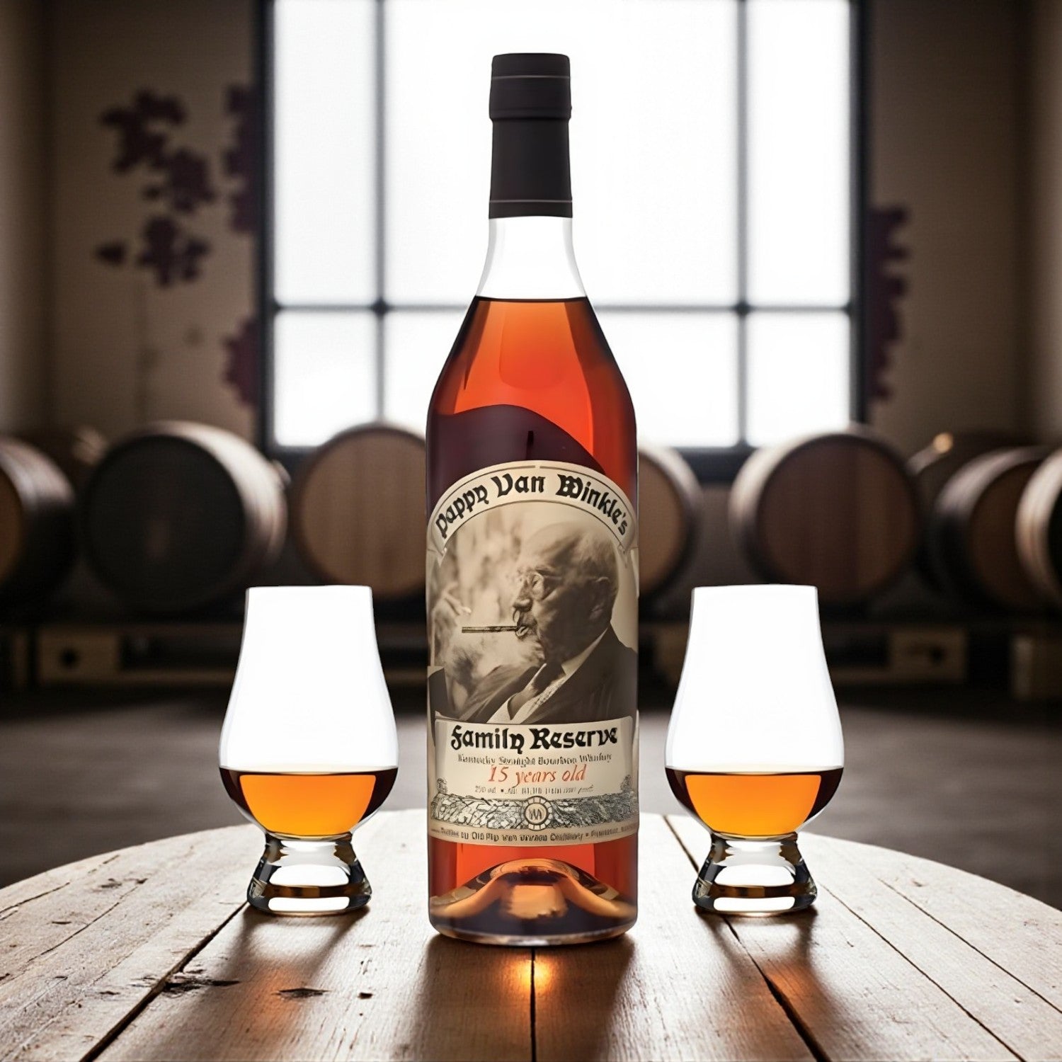 Collector’s Pappy Van Winkle Family Reserve 15 Year Bourbon Gift Set with two Glencairn glasses on wooden barrel table in bourbon warehouse – Rare Bourbon Shop lifestyle photo