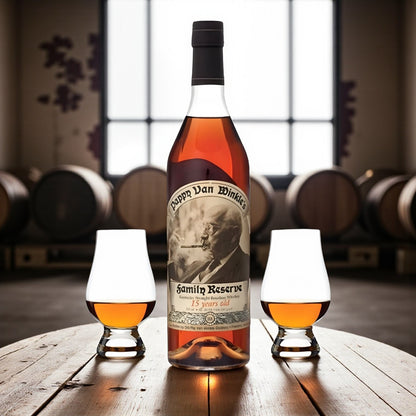 Collector’s Pappy Van Winkle Family Reserve 15 Year Bourbon Gift Set with two Glencairn glasses on wooden barrel table in bourbon warehouse – Rare Bourbon Shop lifestyle photo