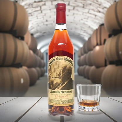 Collector’s Pappy Van Winkle Family Reserve 15 Year Bourbon Santa Edition 2017 Release bottle on wooden table beside glass of bourbon in barrel cellar – Rare Bourbon Shop lifestyle photo