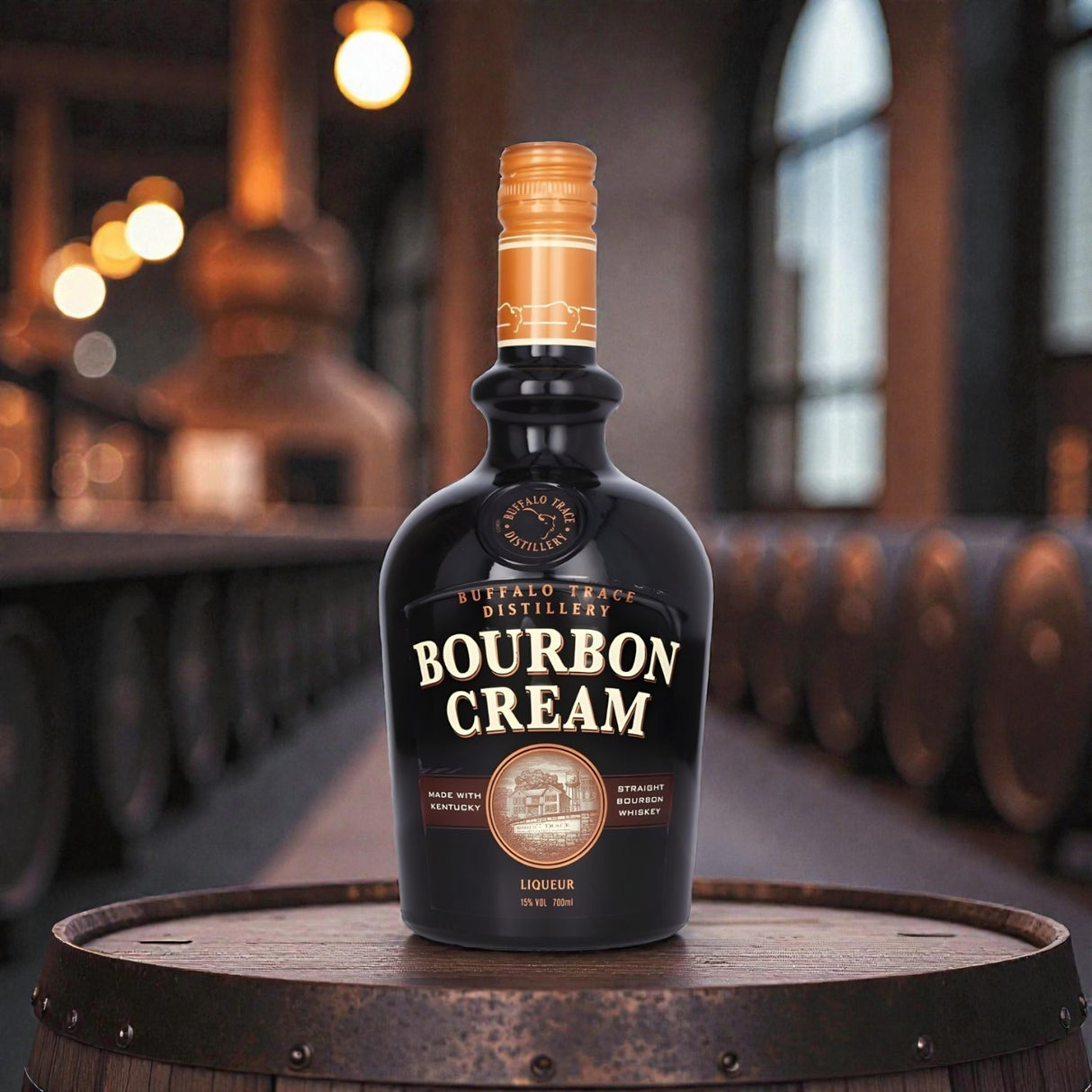 Buffalo Trace Bourbon Cream 750ml bottle photographed in a high-end distillery interior, showcasing premium bourbon cream whiskey
