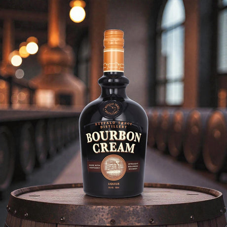 Buffalo Trace Bourbon Cream 750ml bottle photographed in a high-end distillery interior, showcasing premium bourbon cream whiskey