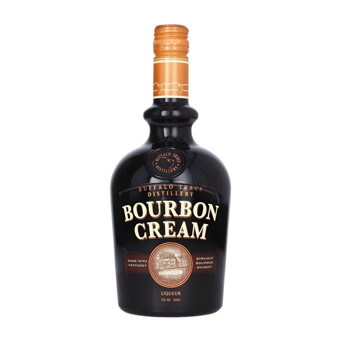 Buffalo Trace Bourbon Cream Liqueur 750ml premium bottle on white background, Kentucky straight bourbon cream liqueur from Buffalo Trace Distillery