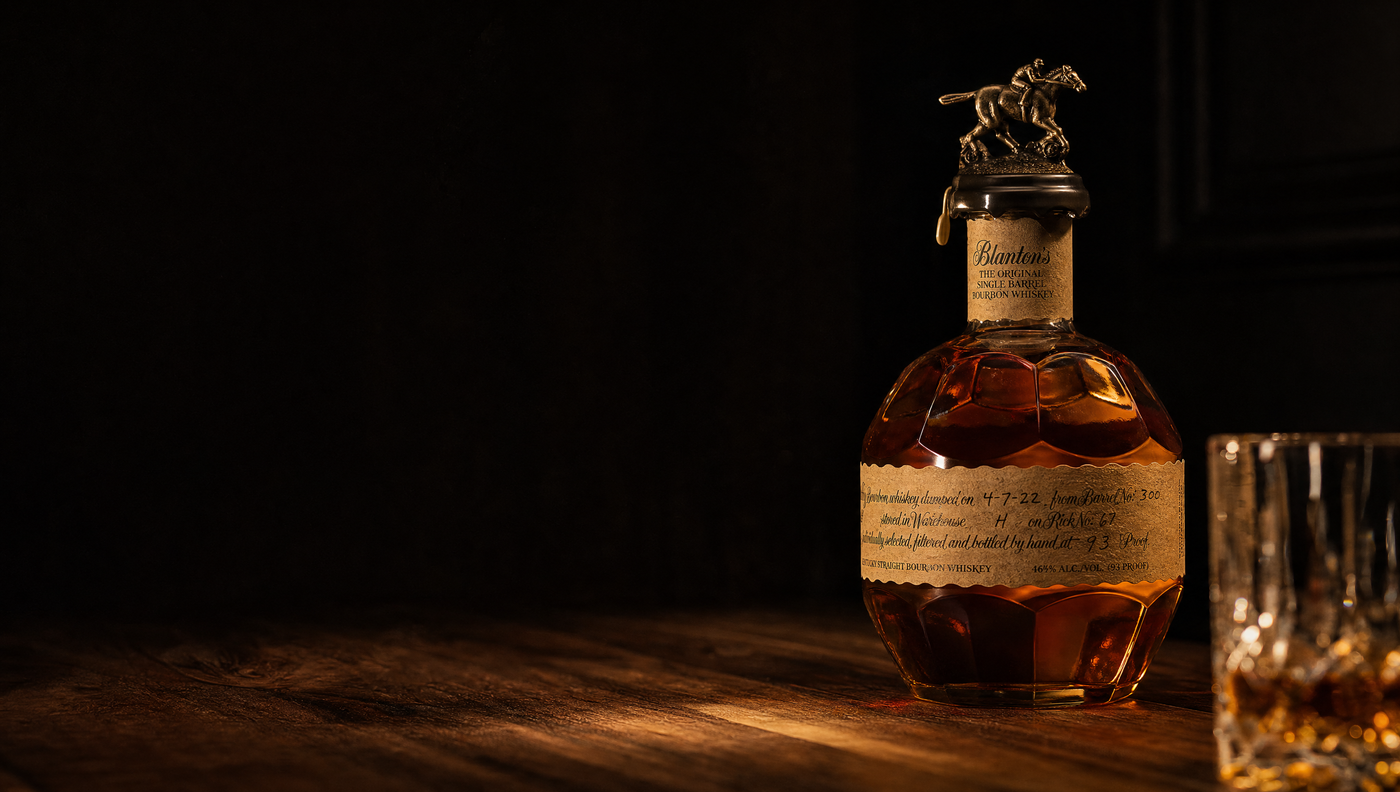 Blanton's Original Single Barrel bottle in a dark editorial bar scene with warm amber light