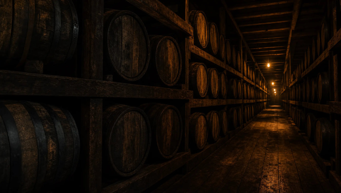 Bourbon rickhouse barrels resting in warm low light