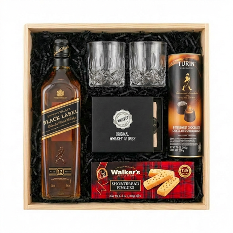 Johnnie Walker Black Label Scotch Gift Crate – Whisky, Glasses, Whiskey Stones & Gourmet Treats