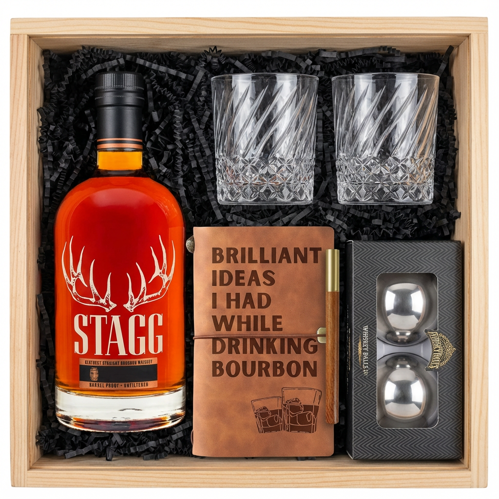 Stagg Batch 25B Kentucky Straight Bourbon Whiskey barrel proof gift crate with antler logo bottle, twisted crystal-cut old fashioned glasses, tan leather bourbon journal and pen set, and Stanley's XXL stainless steel whiskey balls with freezer tray all realistically nestled in black zigzag crinkle paper inside wooden crate on white background