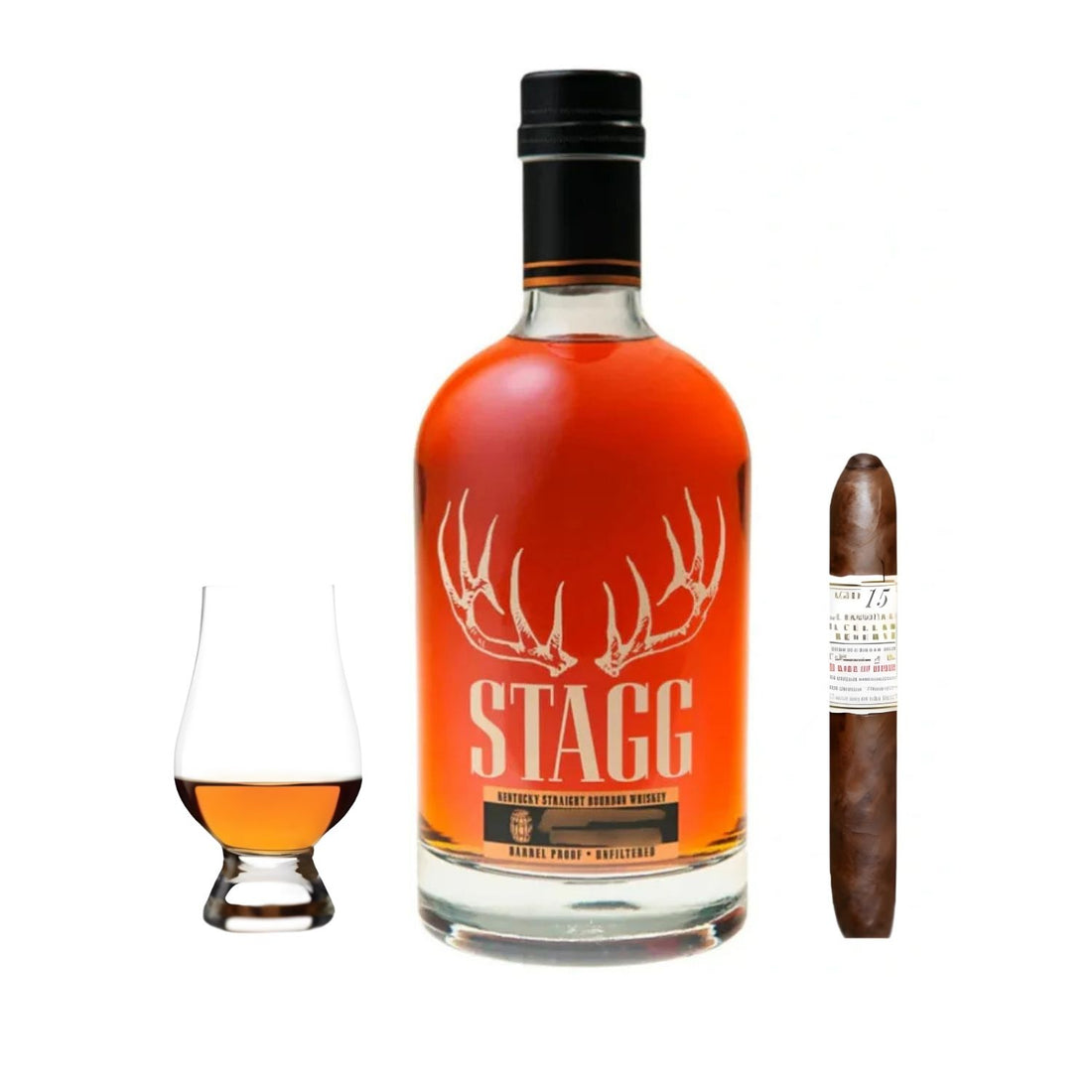 Stagg Kentucky Straight Bourbon Whiskey 750ml bottle with premium Gurkha cigar and Glencairn whisky glass, bourbon gift set from Buffalo Trace Distillery