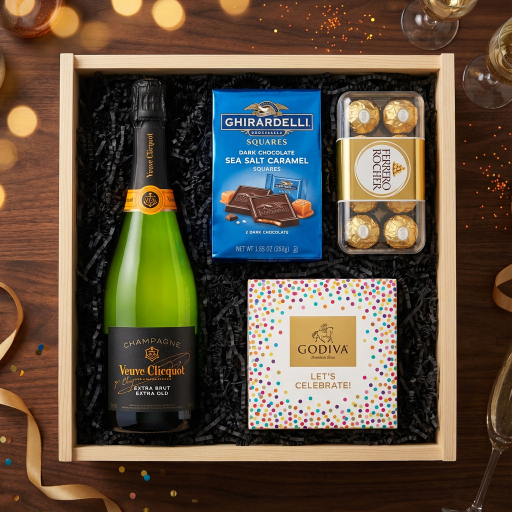 Veuve Clicquot Extra Brut Extra Old Champagne gift crate with black label and orange foil, Ghirardelli Dark Chocolate Sea Salt Caramel squares, Godiva Let&