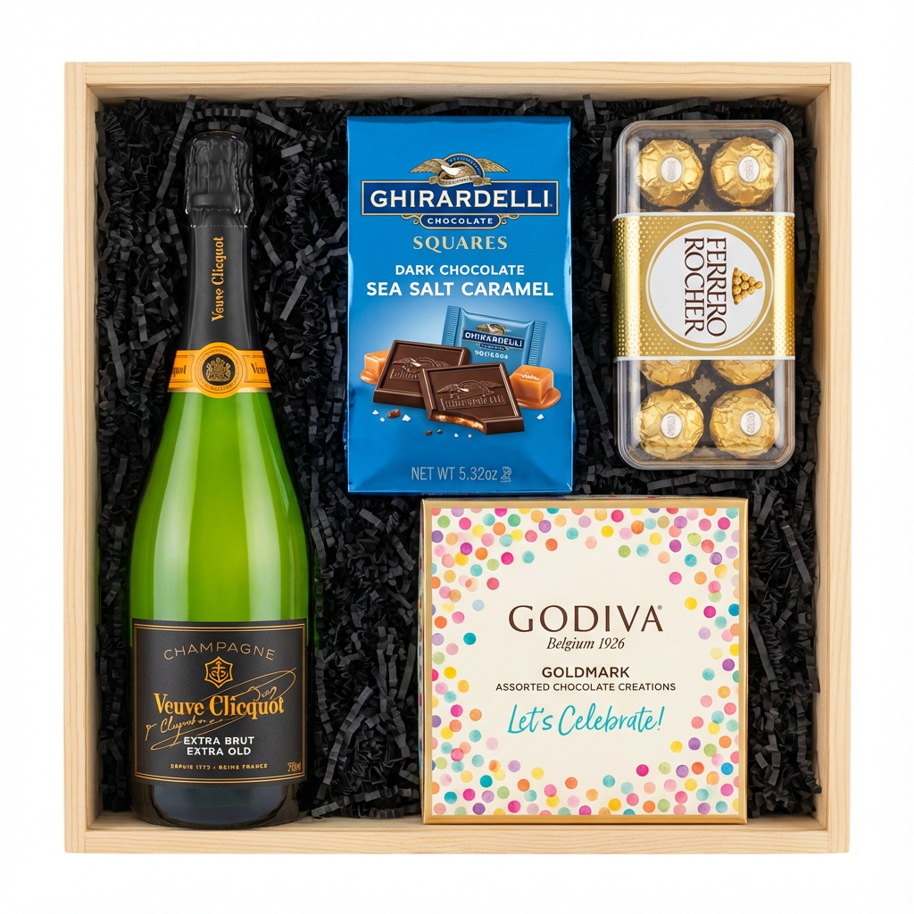 Veuve Clicquot Extra Brut Extra Old Champagne gift crate with black label and orange foil, Ghirardelli Dark Chocolate Sea Salt Caramel squares, Godiva Let&