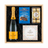 Veuve Clicquot Yellow Label Brut Champagne gift crate with Ghirardelli Dark Chocolate Sea Salt Caramel squares, Godiva Let&
