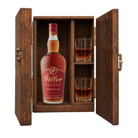 W.L. Weller Antique 107 Bourbon Wooden Gift Box with 2 Crystal Glasses – 750ml