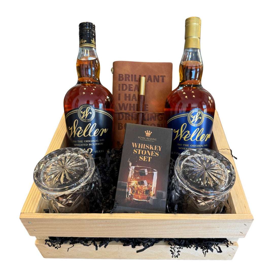 Weller 12 &amp; Weller Full Proof Gift Crate – Bourbon, Old-Fashioned Glasses, Whiskey Stones &amp; Leather Journal
