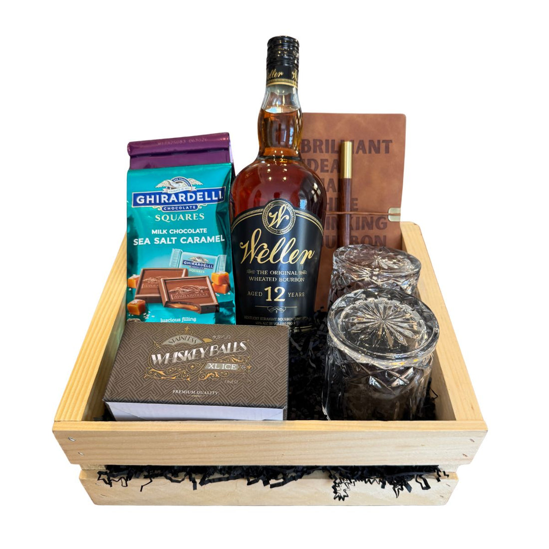 Weller 12 Gift Crate – Bourbon, Chocolate, Glasses, Whiskey Balls &amp; Leather Journal