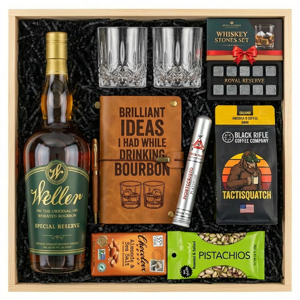 W.L. Weller Special Reserve Gold Foil Edition Top Shelf Gift Crate featuring wheated bourbon with premium gold foil top, crystal-cut old-fashioned glasses, bourbon journal, whiskey stones, Black Rifle Coffee Tactisquatch, chocolate almond sea salt bar, pistachios, and Montecristo Platinum cigar in natural wood crate with black crinkle fill