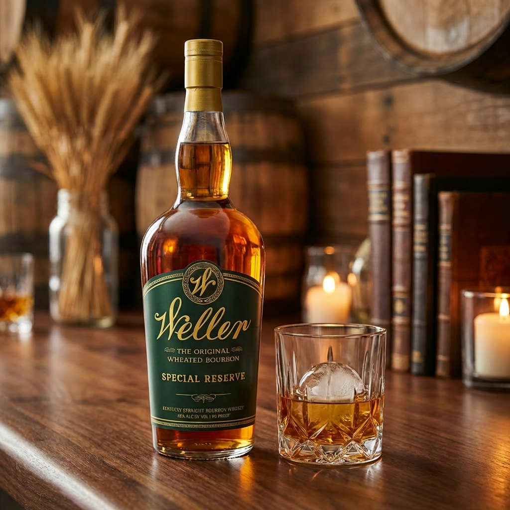 W.L. Weller Special Reserve Kentucky Straight Bourbon Whiskey bottle with green and gold label displayed on walnut bar with crystal rocks glass and warm bourbon den lighting