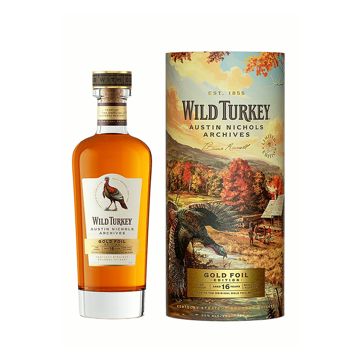 Wild Turkey Austin Nichols Archives Gold Foil Edition 16 Year bourbon 750ml bottle beside its autumn-scene limited-edition tube.