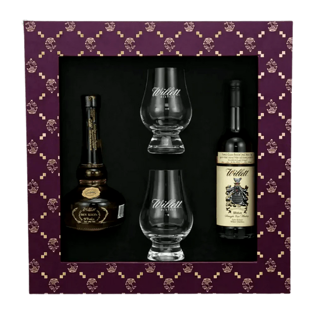 Purple Willett presentation box with a Willett bourbon and a Willett Family Estate rye 50ml bottle and two etched Willett tasting glasses.
