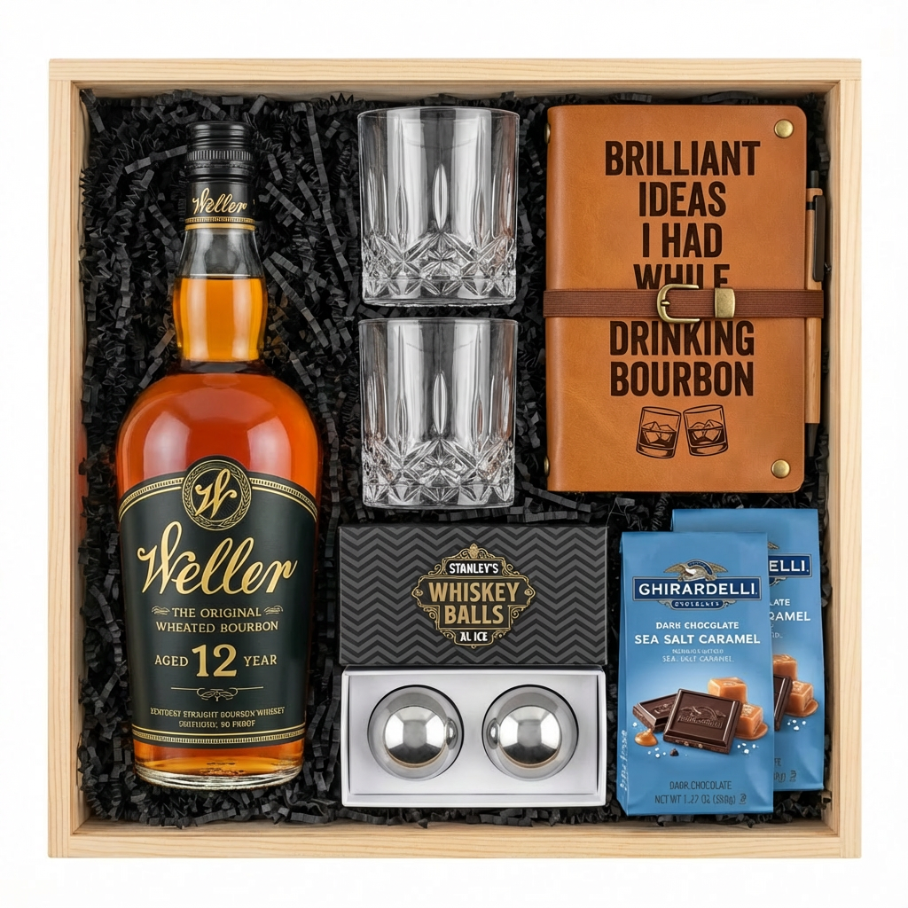 W.L. Weller 12 Year Wheated Bourbon gift crate with black label and gold text, crystal-cut old fashioned glasses, tan leather bourbon journal and pen set, Stanley's XXL stainless steel whiskey balls with rectangular freezer tray, and two Ghirardelli Dark Chocolate Sea Salt Caramel bags all nestled in black zigzag crinkle paper inside wooden crate on white background