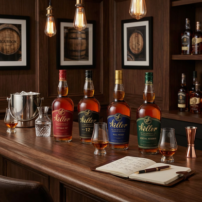 W.L. Weller Complete 4-Bottle Wheated Bourbon Bundle featuring Antique 107, 12 Year, Full Proof, and Special Reserve bottles arranged on a dark walnut home bar with Glencairn tasting glasses, leather journal, and warm Edison bulb lighting for an intimate at-home bourbon tasting experience