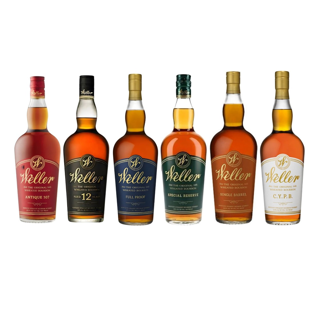 W.L. Weller Ultimate Collection 6-bottle bundle featuring Full Proof, Special Reserve, Antique 107, 12 Year, Single Barrel, and CYPB Kentucky Straight Bourbon Whiskey 750ml bottles from Buffalo Trace Distillery
