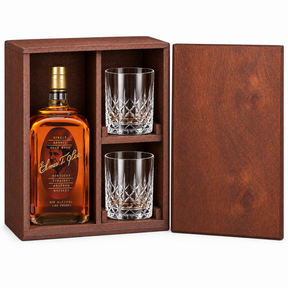 Elmer T. Lee Single Barrel 750ml in a mahogany wooden gift box with two crystal rocks glasses