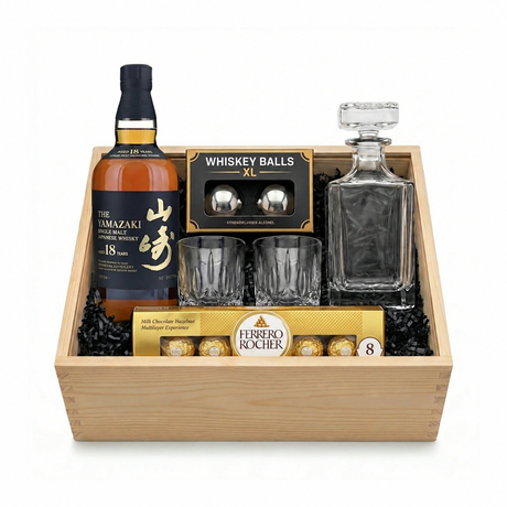 Yamazaki 18 Year Single Malt gift crate with Ferrero Rocher 8-piece chocolates on white background